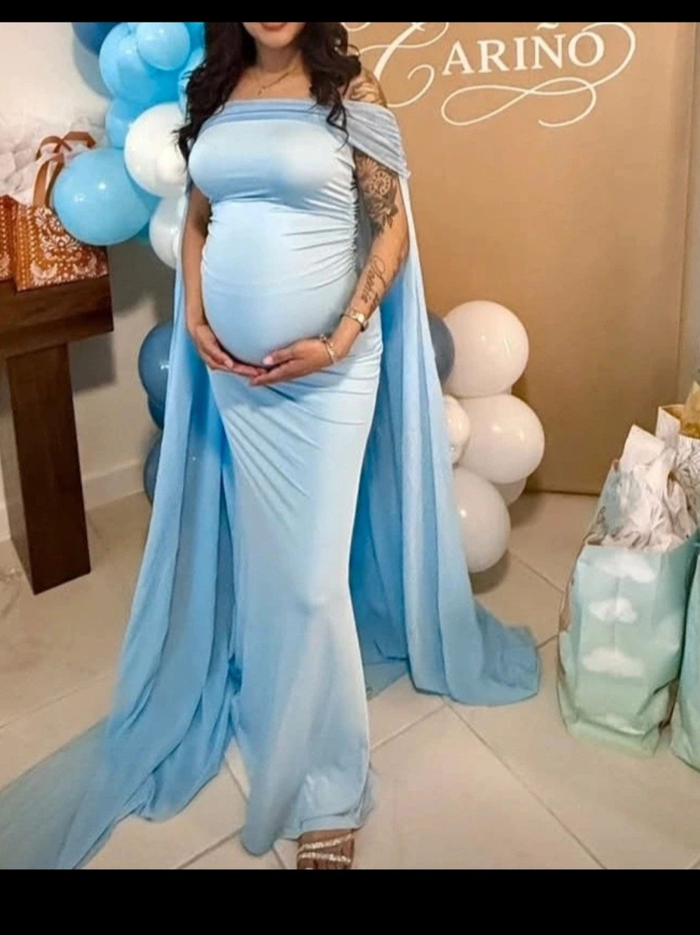 Off-Shoulder Maternity Gown with Cape - Light Blue